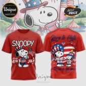 Red t-shirt w/ Snoopy, text 'SNOOPY, Happy 4TH July, Born to Chill, Proud to Be Free'. Cartoon style graphic!