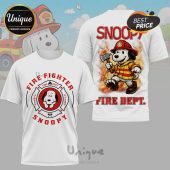 White Snoopy Firefighter shirts: 'Fire Dept' text, cartoon style!