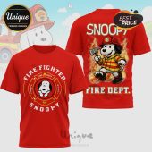 Red Snoopy Firefighter tee! Cartoon style, text: 'Fire Fighter,' 'Snoopy,' 'Fire Dept,' axes.!