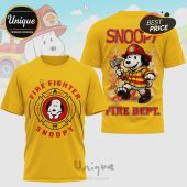 Yellow tee: Snoopy firefighter design. Text: FIREFIGHTER, FIRE DEPT, ALWAYS READY, SNOOPY.!
