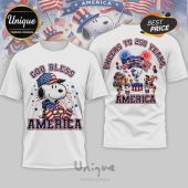 White tee with Snoopy, flags, red-white-blue! Text: GOD BLESS AMERICA, CHEERS TO 250 YEARS.!