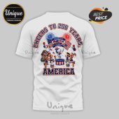 White tee: Cheers to 250 Years! Snoopy, kids, flags, Celebrating 250th America design! Red, white, blue!