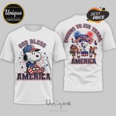 White tee: Snoopy, 'God Bless America' w/USA flag colors! Back: 'Cheers to 250 Years America', cartoon kids, fireworks!