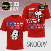 Red Snoopy tee: 'Snoopy Collection,' front graphic; back: 'Until They All Come Home,' Snoopy and Woodstock art!