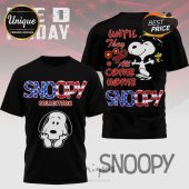Black tee with Snoopy, plus USA flag stars/stripes. Text: SNOOPY COLLECTION, Until They All Come Home!
