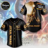 Black baseball jersey with gold accents: STAR WARS, 50 ROBERT. Retro sci-fi design!