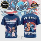Blue tee featuring cartoon characters Stitch and Lilo with USA flag! Text: Stitch Collection, 250 Years of Freedom!