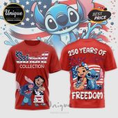 Red tee w/ cartoon design. 'Stitch Collection' and '250 Years of Freedom' text. Patriotic theme!