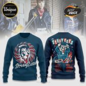 Navy Stray Cats sweatshirt! Front retro rockabilly cat, 'Stray Cats'! Back 'The Stray Cats US TOUR' cat, guitar, tour dates!