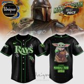 Black Rays baseball jersey with Grogu, Mandalorian graphics. Text: RAYS, TB, THE MANDALORIAN, GROGU.!