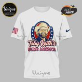 White patriotic tee with red, white, blue Toby Keith portrait! Stars and 'Toby Keith's BLESS AMERICA' text!