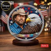 Blue, red, white commemorative plaque featuring Toby Keith, a bald eagle, patriotic stars, and 'AMERICAN ICON - 250 YEARS' text!