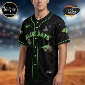 Black Blue Jays baseball jersey with neon green trim, 'Blue Jays' text, Mandalorian mashup design!
