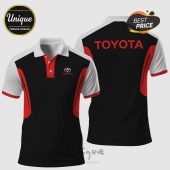 Toyota Polo Shirt: Black, white, and red design. Features Toyota logo and text!