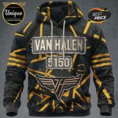 Gray hoodie with Van Halen, 5150, and logo. Gold stripes. Rock style!