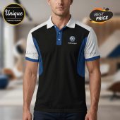 Volkswagen logo polo shirt. Black body, white collar/sleeves, blue accents.!