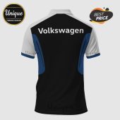 Back of a polo shirt with Volkswagen text, white shoulders, blue side panels, and a black torso!