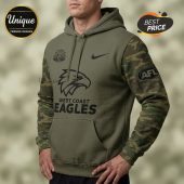 Olive hoodie with camo sleeves, black eagle logo, and text 'WEST COAST EAGLES'!