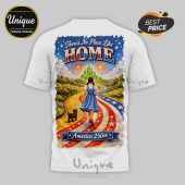 White tee: Dorothy, dog, Emerald City, US flag road. Text: There's No Place Like Home, America 250th! Retro Americana design.!