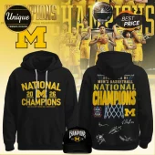 Black Michigan Wolverines hoodie with yellow text 'National 2026 Champions' front and back sports championship graphic!