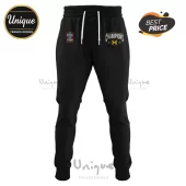 Black joggers with Michigan NCAA Champions 2021 and Final Four graphics in yellow, orange, and blue.!