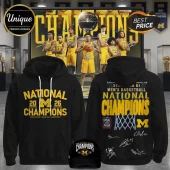 Black Michigan Wolverines hoodie with yellow text 'National 20M26 Champions' on front and back. Sports fan championship gear.!