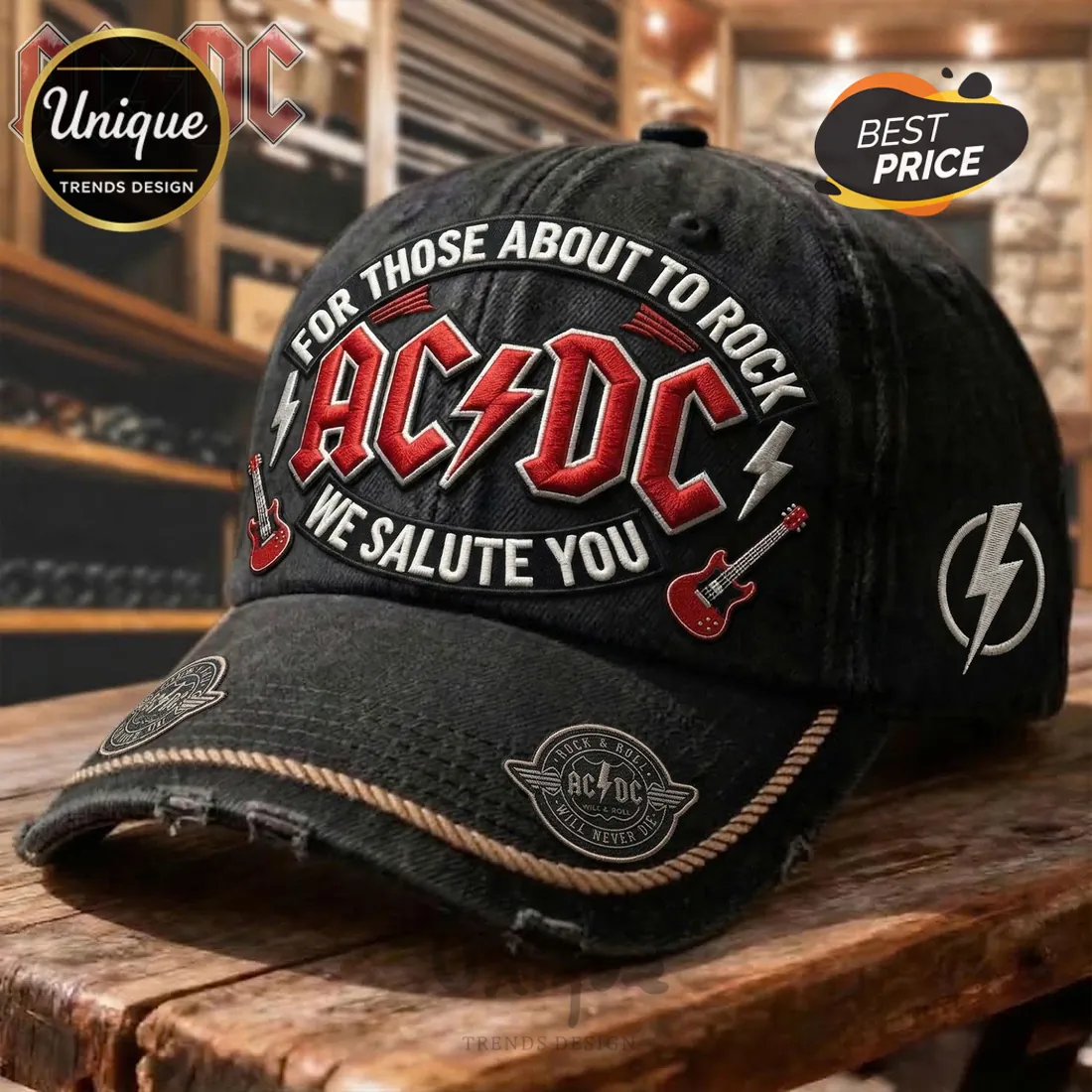 AC/DC For Those About To Rock Premium Distressed Embroidered Baseball Cap AC/DC For Those About To Rock Premium Distressed Embroidered Baseball Cap