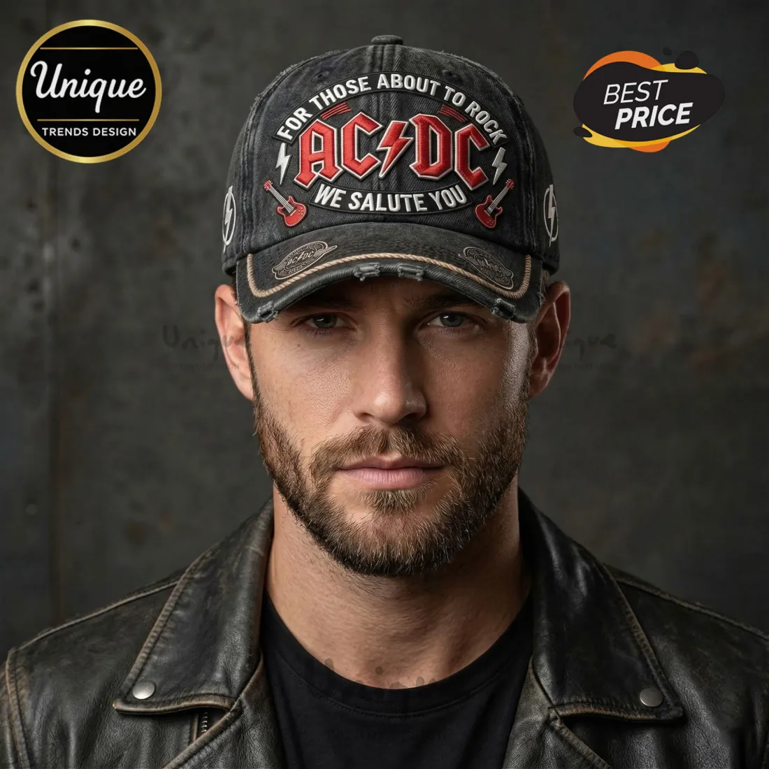 AC/DC For Those About To Rock Premium Distressed Embroidered Baseball Cap AC/DC For Those About To Rock Premium Distressed Embroidered Baseball Cap