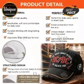 Black distressed AC/DC baseball cap with red text 'For Those About To Rock We Salute You' embroidered patch and lightning bolt!