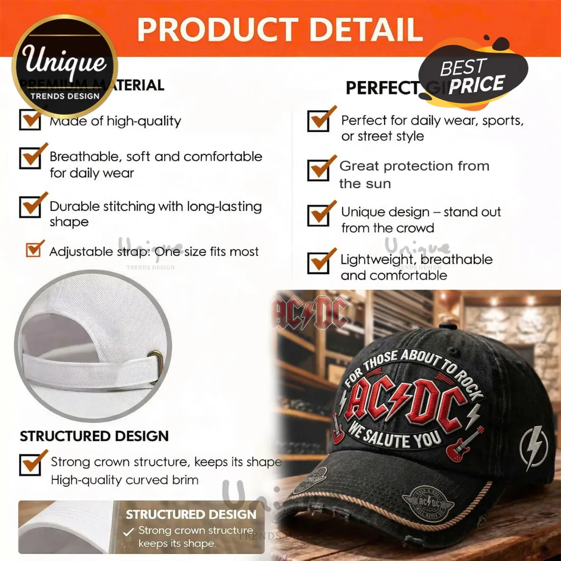 AC/DC For Those About To Rock Premium Distressed Embroidered Baseball Cap AC/DC For Those About To Rock Premium Distressed Embroidered Baseball Cap