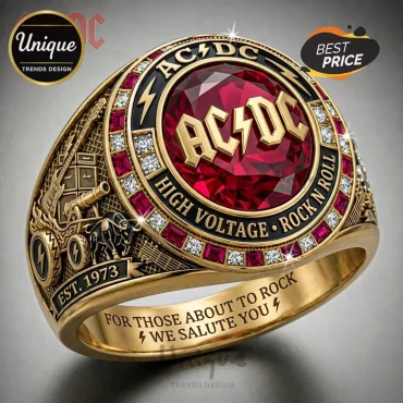 AC/DC Rock & Roll High Voltage Commemorative Gold Plated Ruby Gemstone Ring AC/DC Rock & Roll High Voltage Commemorative Gold Plated Ruby Gemstone Ring