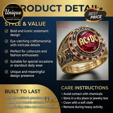 AC/DC Rock & Roll High Voltage Commemorative Gold Plated Ruby Gemstone Ring