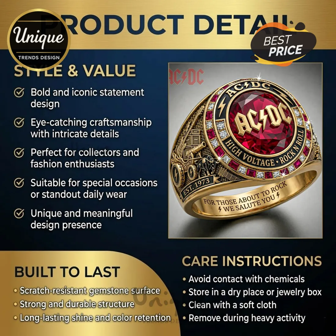 AC/DC Rock & Roll High Voltage Commemorative Gold Plated Ruby Gemstone Ring AC/DC Rock & Roll High Voltage Commemorative Gold Plated Ruby Gemstone Ring
