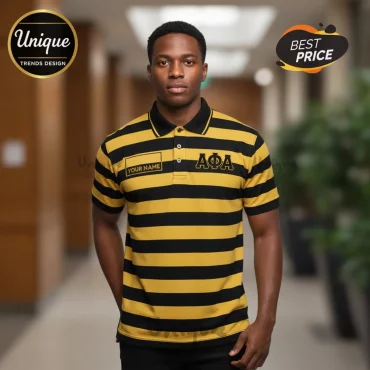 Alpha Phi Alpha AΦA Personalized Gold Black Striped Fraternity Polo Shirt Alpha Phi Alpha AΦA Personalized Gold Black Striped Fraternity Polo Shirt