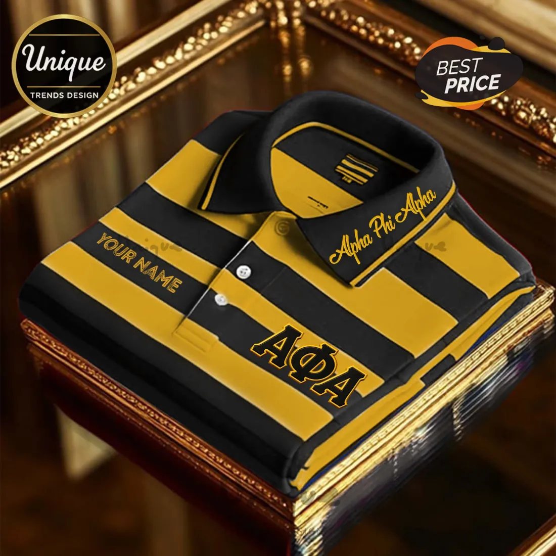 Alpha Phi Alpha AΦA Personalized Gold Black Striped Fraternity Polo Shirt Alpha Phi Alpha AΦA Personalized Gold Black Striped Fraternity Polo Shirt