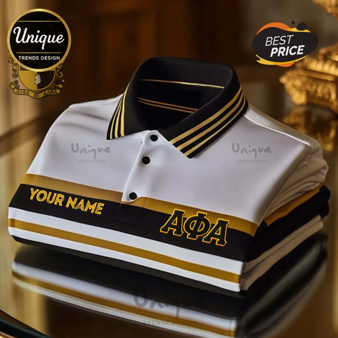 Alpha Phi Alpha ΑΦΑ Personalized Gold Stripe Polo Shirt Alpha Phi Alpha ΑΦΑ Personalized Gold Stripe Polo Shirt