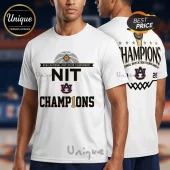 White t-shirt with Auburn Tigers logo and text 'NIT CHAMPIONS' and 'NCAA National Invitation Tournament' in black and gold!