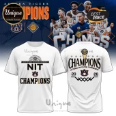 White Auburn Tigers 2026 NIT Champions t-shirt with front and back graphics in orange, blue, and black!