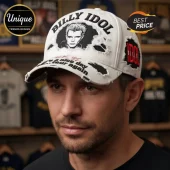 White distressed baseball cap with black embroidered Billy Idol portrait and text! Red Billy Idol logo on the side!
