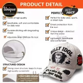 White distressed baseball cap with Billy Idol portrait! Text says 'Billy Idol' and 'It's a nice day to... tour again'!
