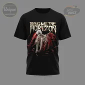 Black t-shirt with Bring Me The Horizon text! Gothic band tee features pale figure, torn blood red wings, falling feathers, edgy design!