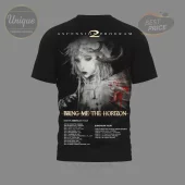 Black band tour t-shirt, dark art gothic design, white horned figure, red blood splatters, 