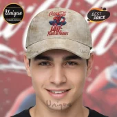 Distressed beige cap with red Coca-Cola logo, Spider-Man, and text '140 Years of Heroes' in red font!
