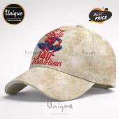 Beige washed baseball cap with Spider-Man graphic and red text 'Cola' and '140 Years of Heroes'!