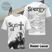 White Daniel Caesar concert tee! Front: 'Son of' text, cross symbol, grayscale portrait of the artist! Back: 'Spergy' and full Asia North America tour list!
