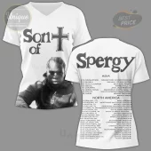 White retro concert tee with 'Son of +' and halftone portrait on front, 'Spergy' and tour dates on back!