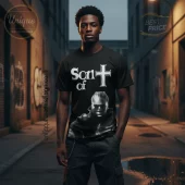 Black t-shirt, bold white 'Son of' text with cross, gritty halftone face design! Urban street style apparel!