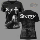Black V-neck tee with 'Son of' white text, cross graphic, black and white portrait on front! Back features 'Spergy' and full tour dates!