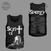 Black tank top with 'Son of' and cross graphic, grayscale image of a man! Back features 'Spergy' and tour dates for Asia, North America!