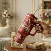 Red Delta Sigma Theta EST. 1913 tumbler with gold and rhinestone Greek letters ΣΔΘ, elephants, and crest design!